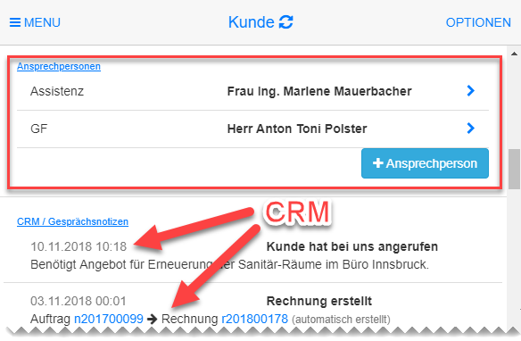 offer-cube Features Kunden Kontakte CRM