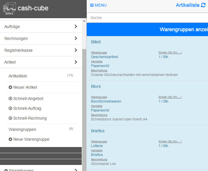 cash-cube Artikelpflege